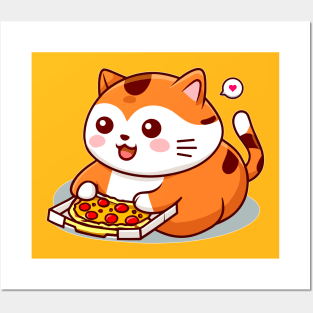 Cute fat cat likes to eat pizza. Posters and Art